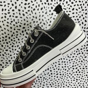 Very G Slip On Black Glitter White &  Glitter Laces Canvas Platform Sneakers